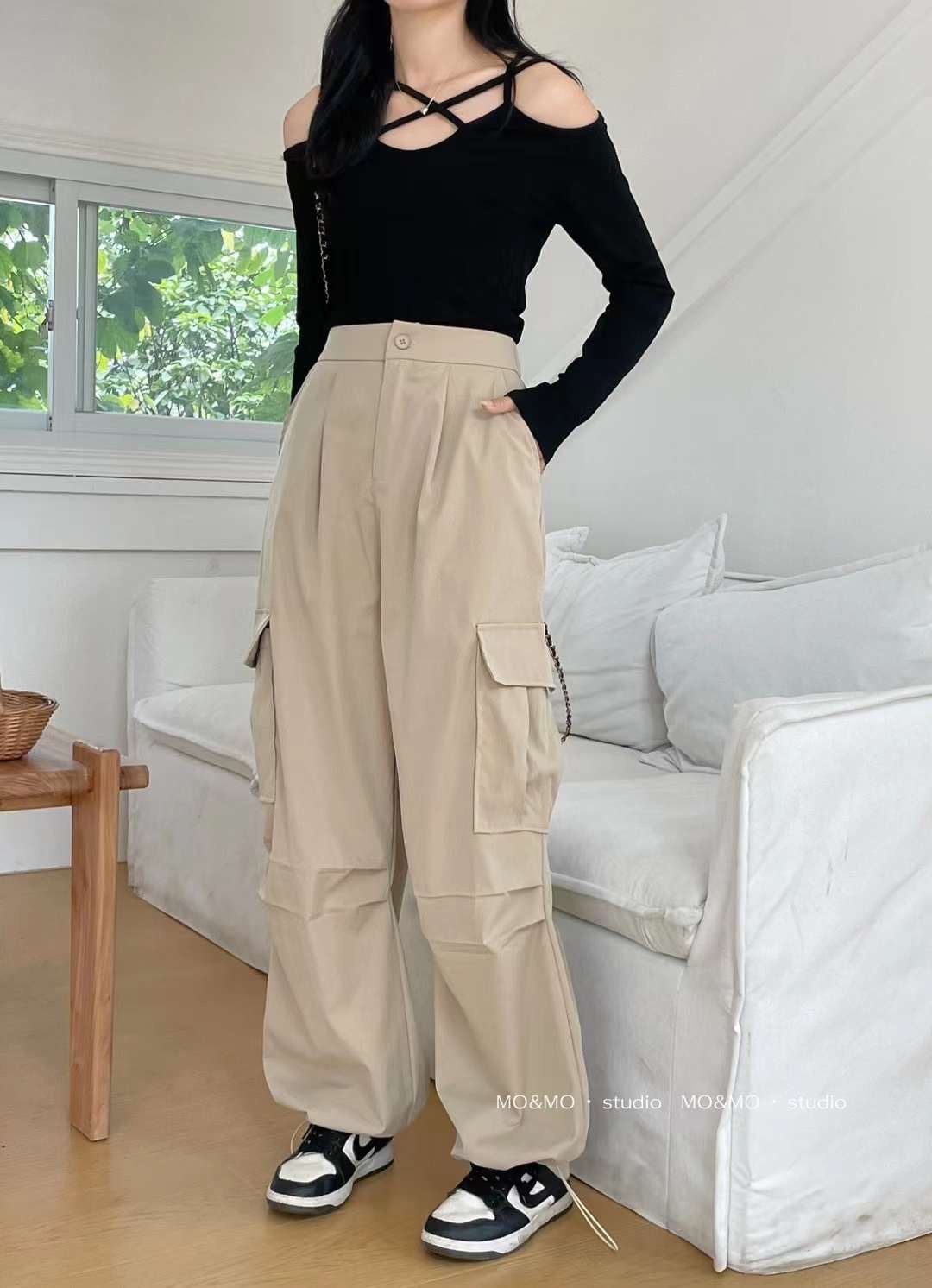 後鬆緊美式大口袋扣子款工裝褲::Qstore::