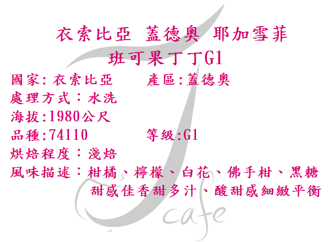 伊索比亞 耶加雪菲 潔蒂普鎮 班可果丁丁 水洗 G1