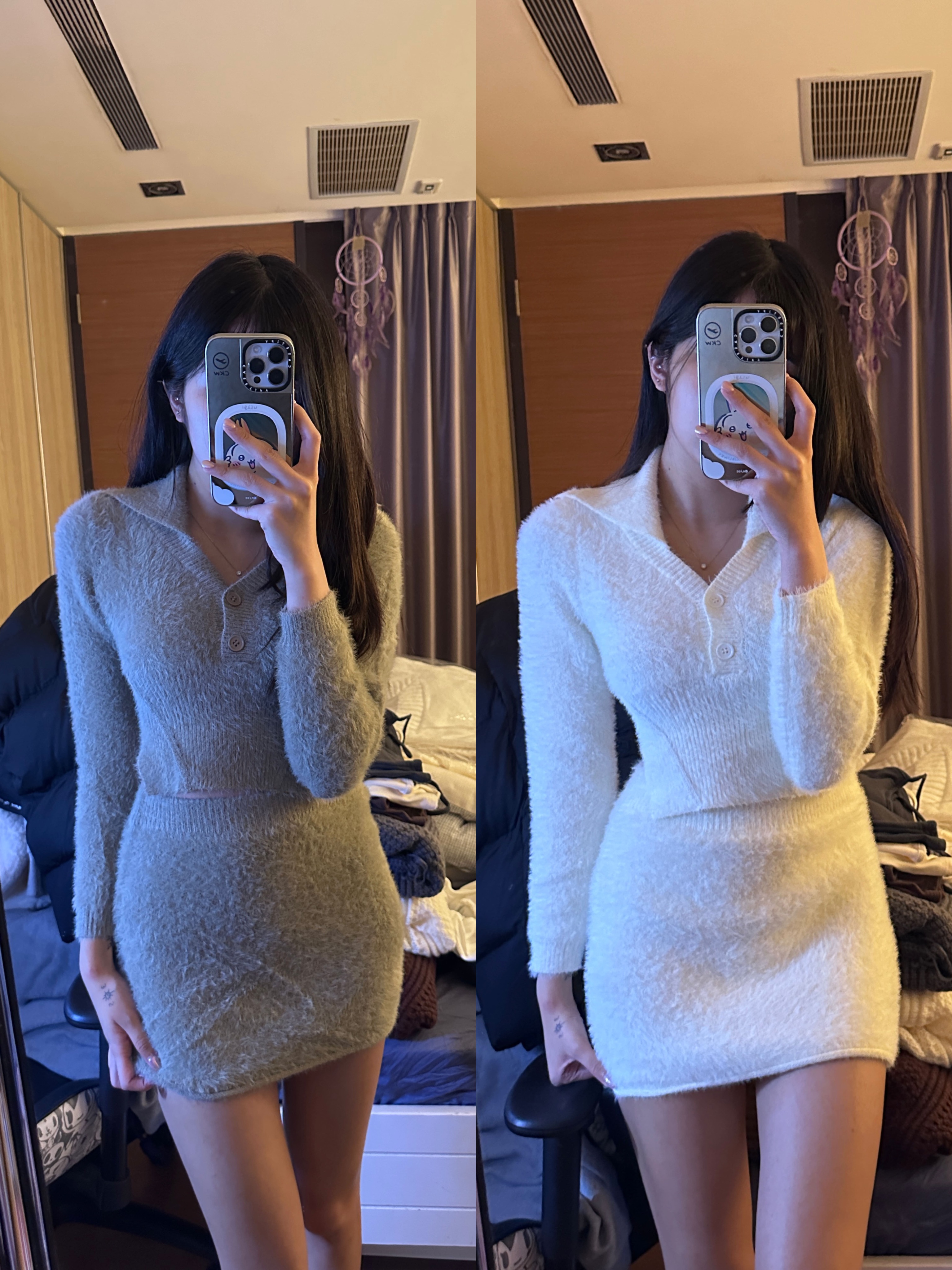 翻領海毛短裙套裝