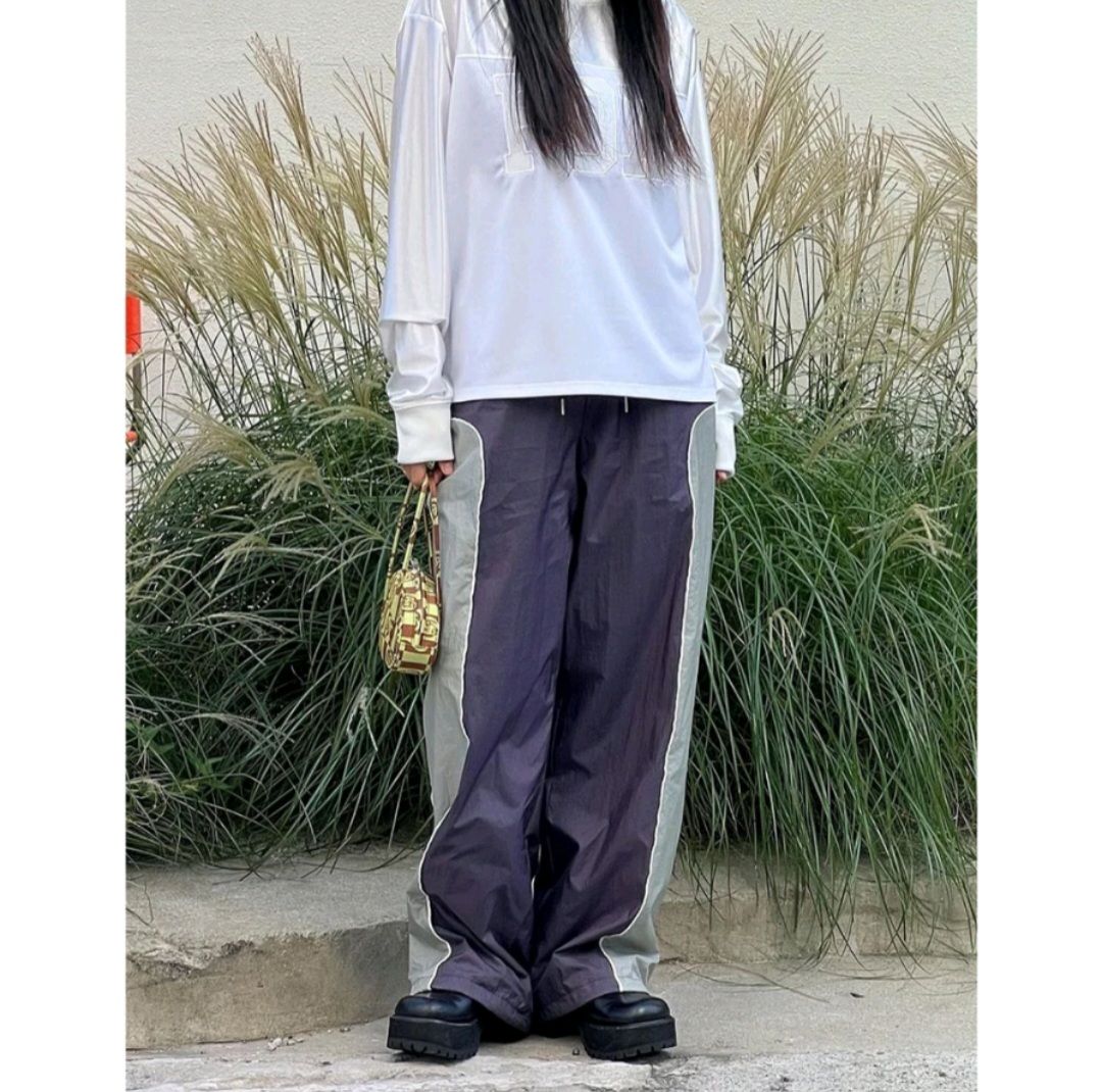 正韓購入 紫灰撞色拼接尼龍寬風褲