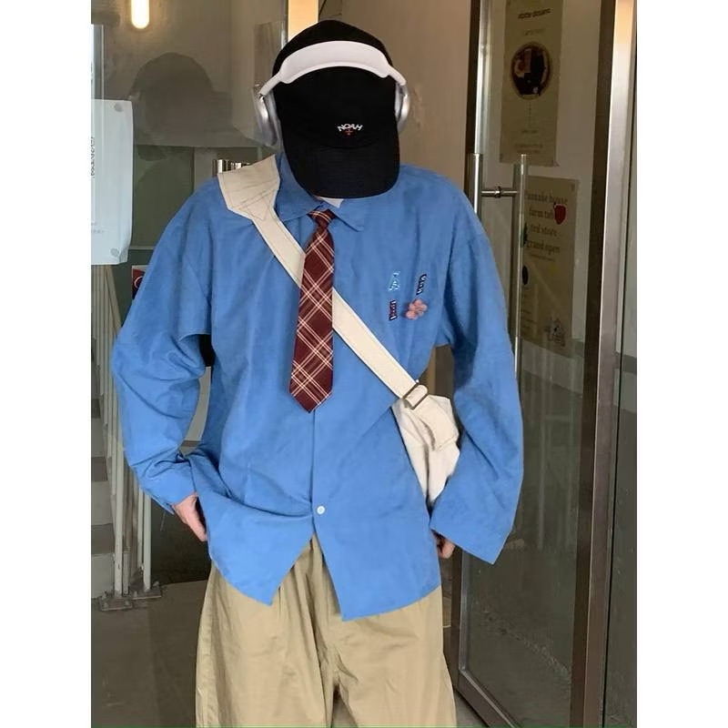 [NGU] 日韓 復古 休閒 自帶領帶 學院風 寬鬆 氛圍感 長袖 襯衫 男女 情侶