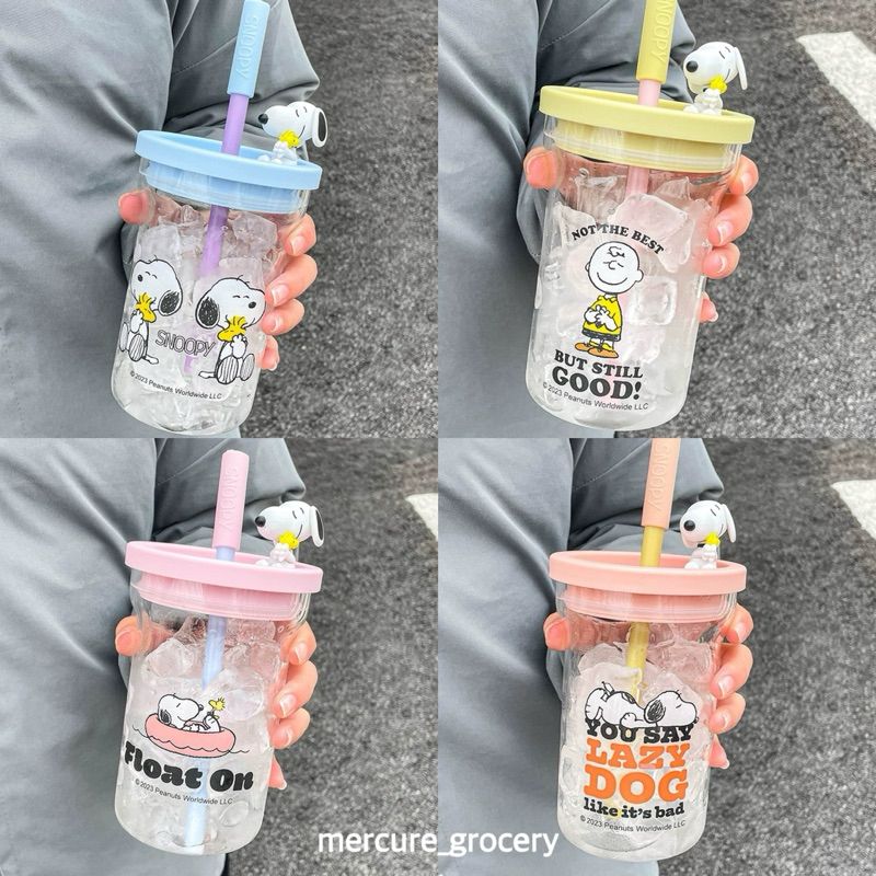 正版 史努比玻璃飲料杯 贈送吸管