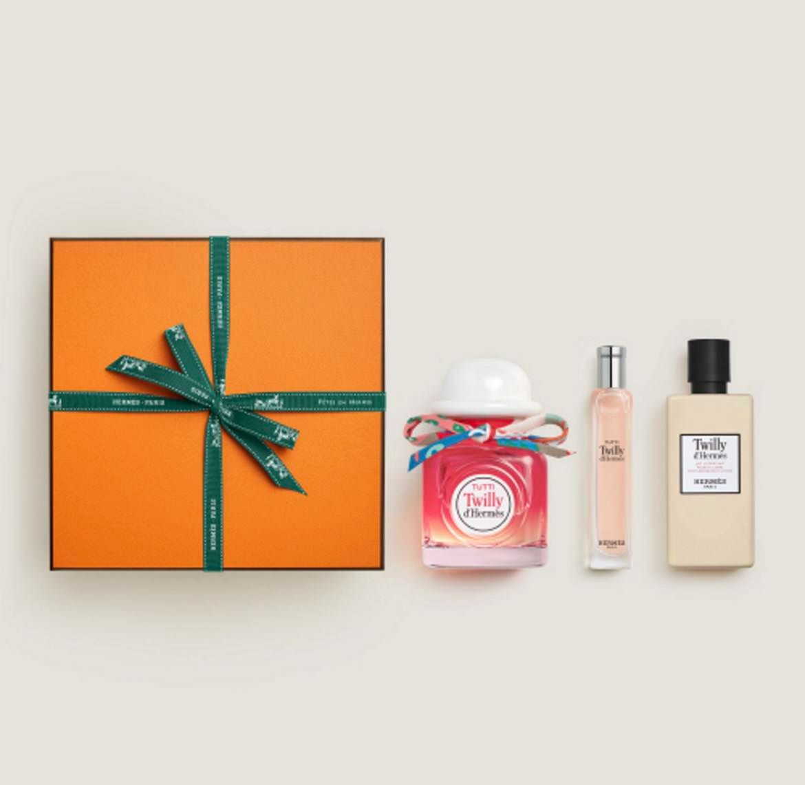 Hermès 愛馬仕美妝 Twilly d’Hermès 荔枝紅絲意淡香精＆乳液禮盒/聖誕緞帶包裝