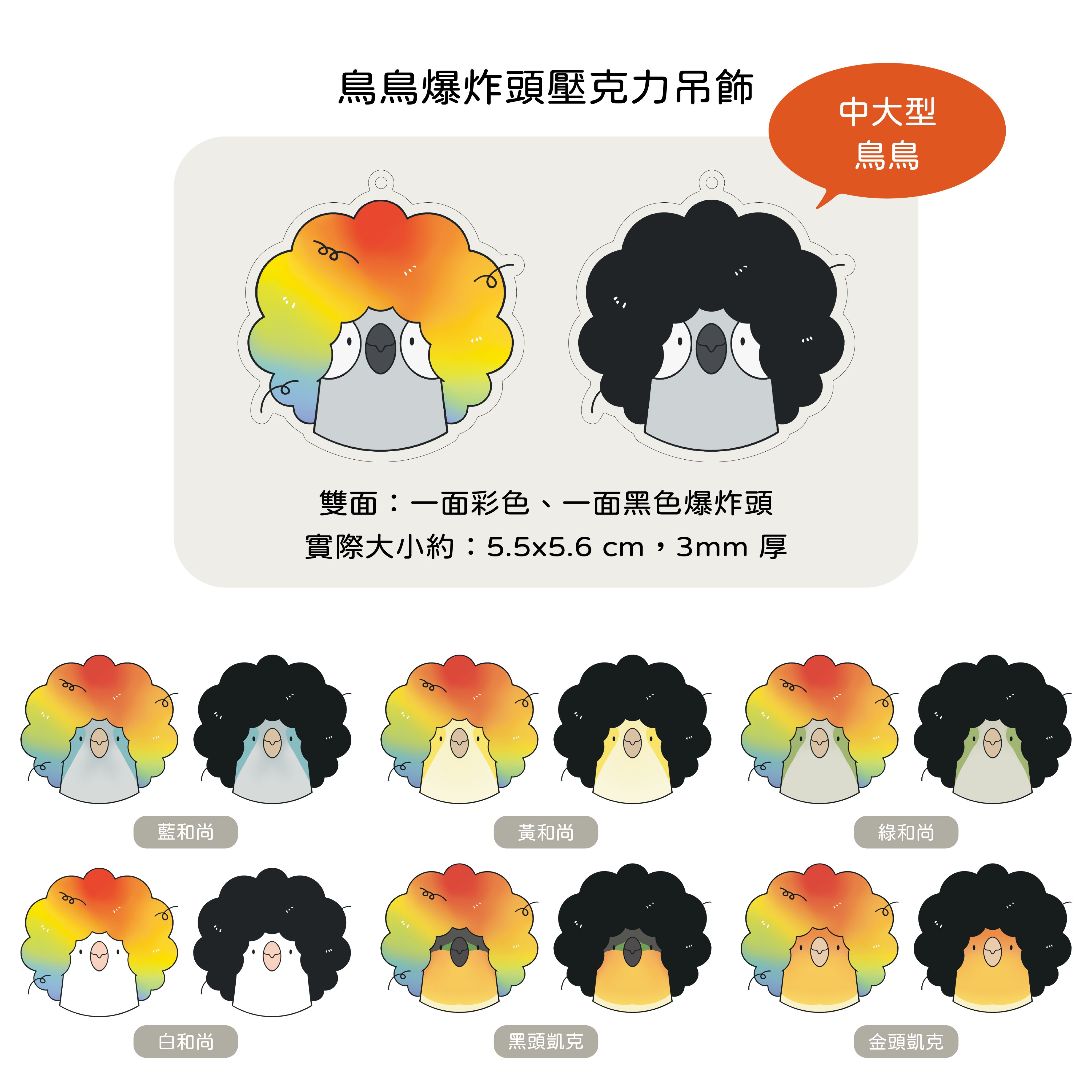 鳥鳥爆炸頭壓克力吊飾 中大型鳥賣場
