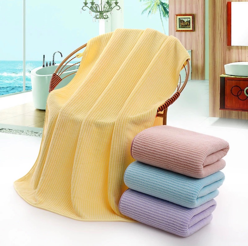 【馨織圖】簡約細條紋珊瑚絨毛巾浴巾三件套