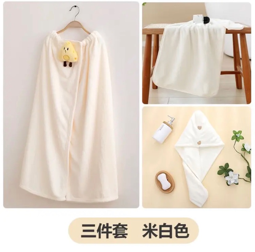 【馨織圖】可愛奶酪浴裙+毛巾+乾髮帽三件套