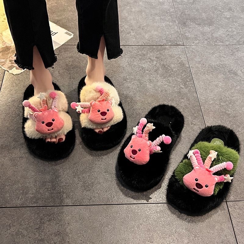 高顏值露比毛毛拖鞋女秋季新款洋氣卡通厚底家居一字棉拖鞋