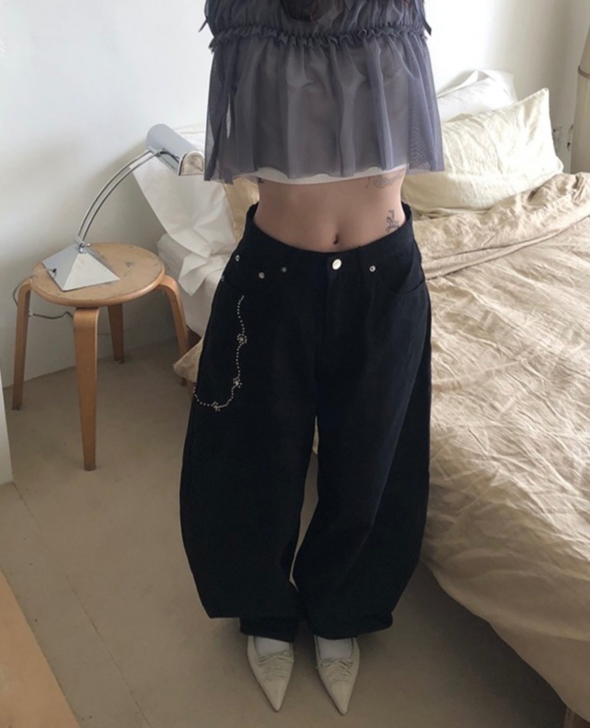 花朵鑲鑽假鏈條褲☆
