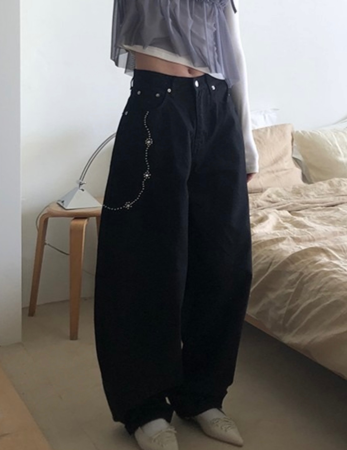 花朵鑲鑽假鏈條褲☆