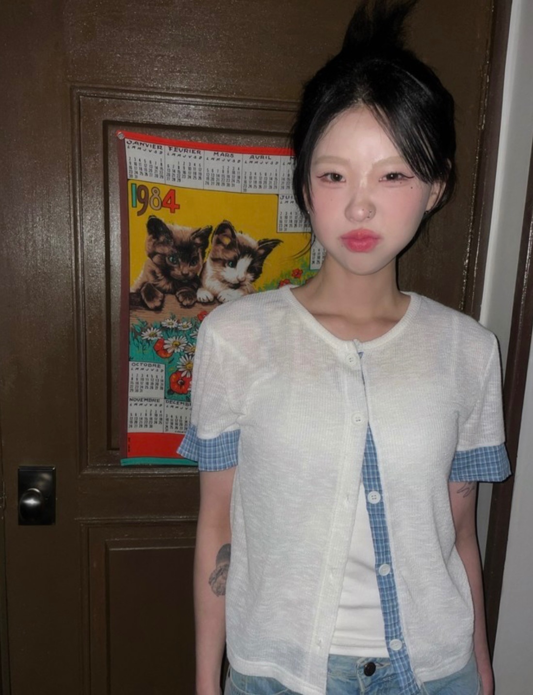 格紋襯拼接復古cardigan🧸short ver（現