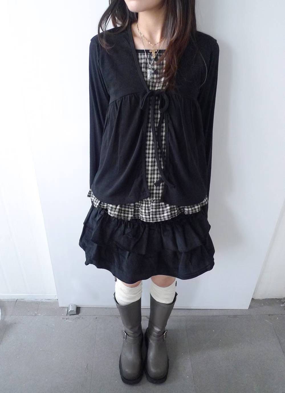 層次感格紋綁帶上衣🐇