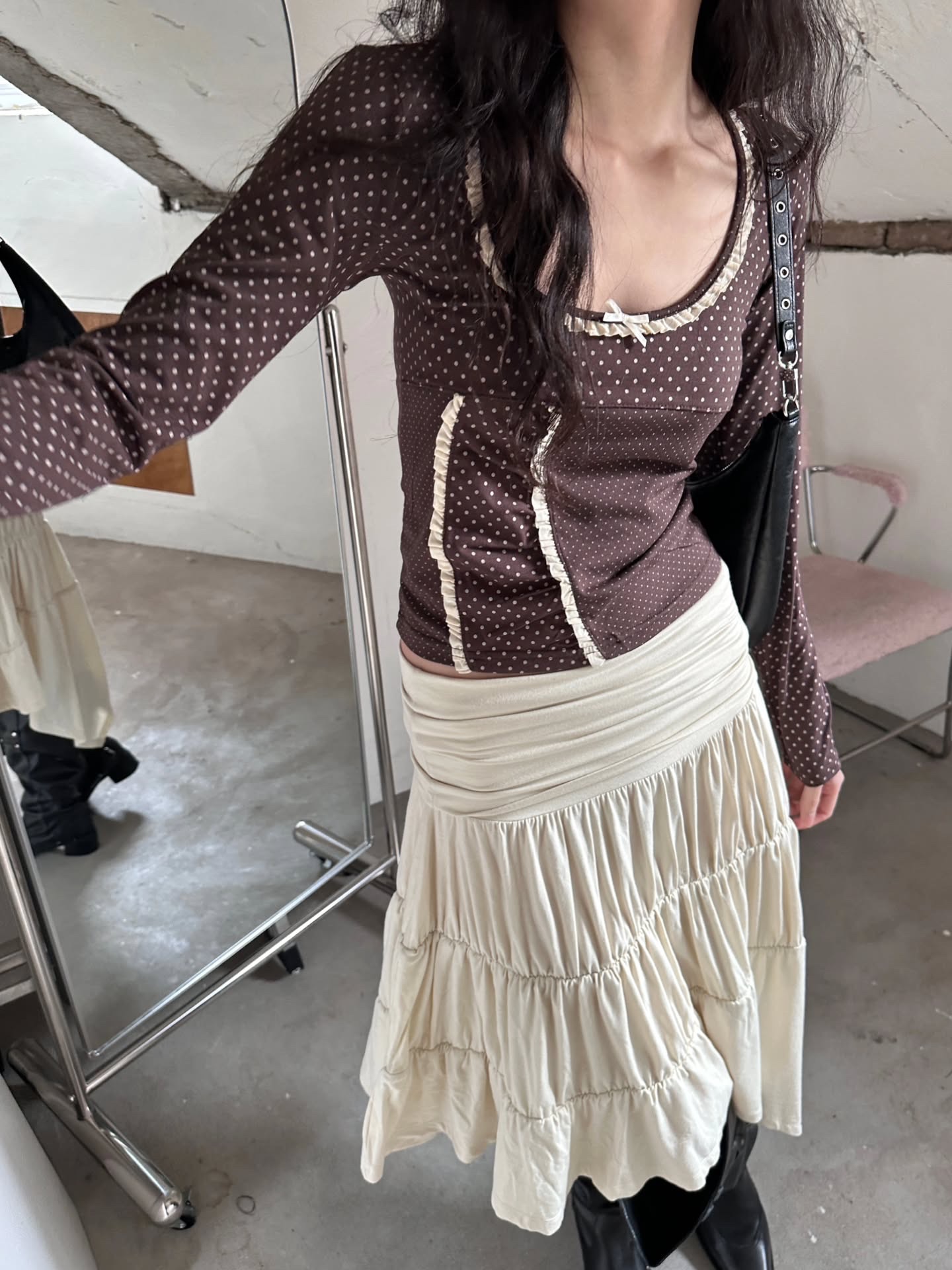 波點奶油花邊top🧈 （咖現貨