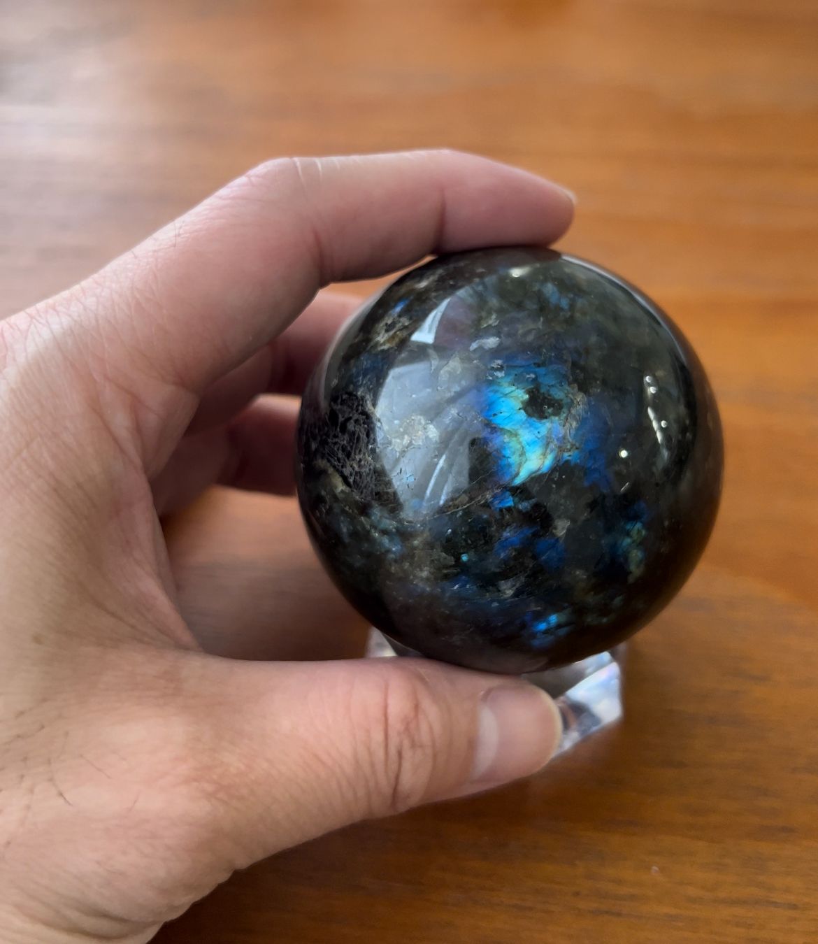 0229-極稀少-拉長石球約6.3cm-有大財庫、能量極強（送大冰塊白水晶 含木座＆底座）