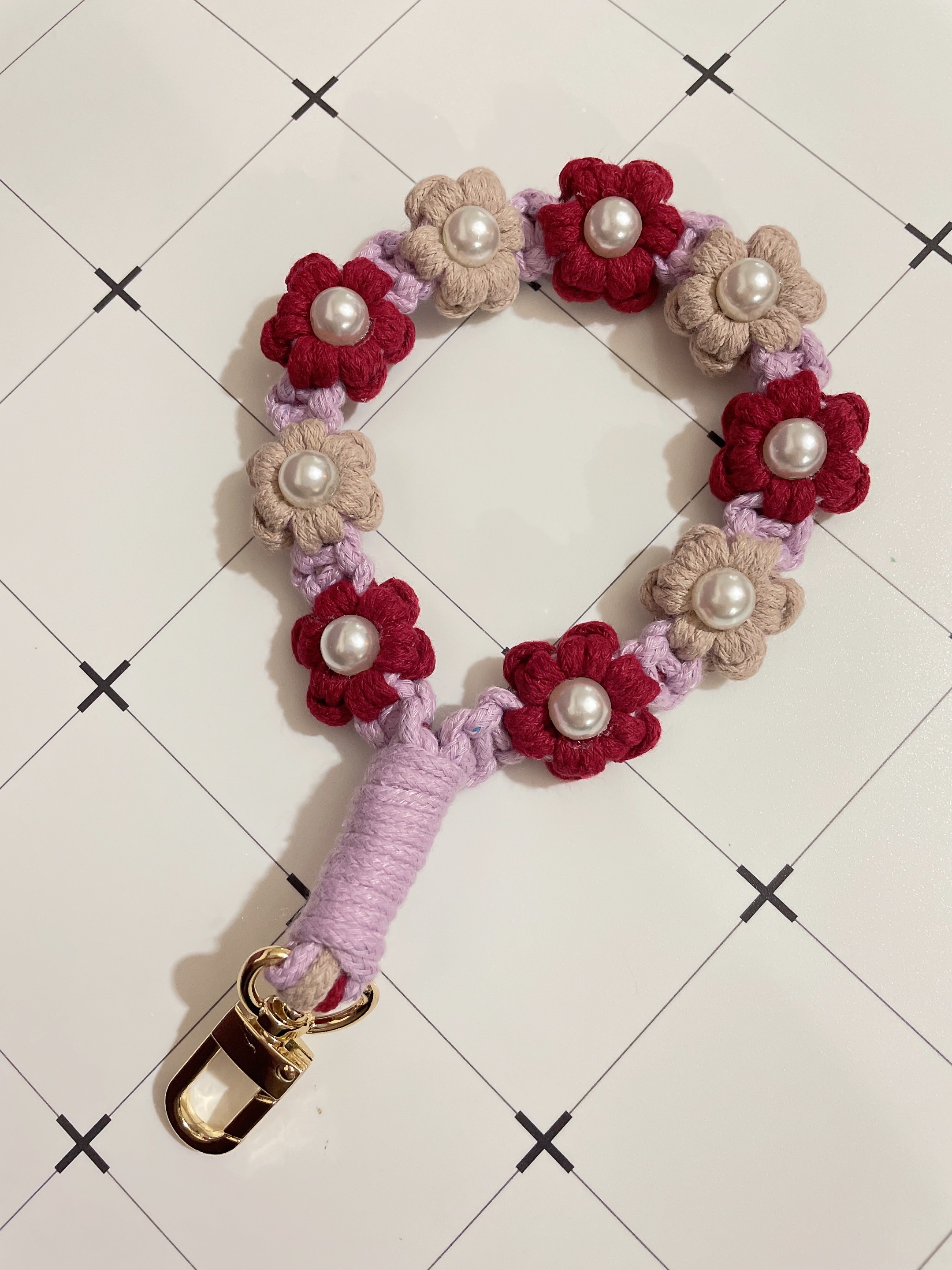 珍珠手腕繩手機掛繩 花花珍珠 手工編織