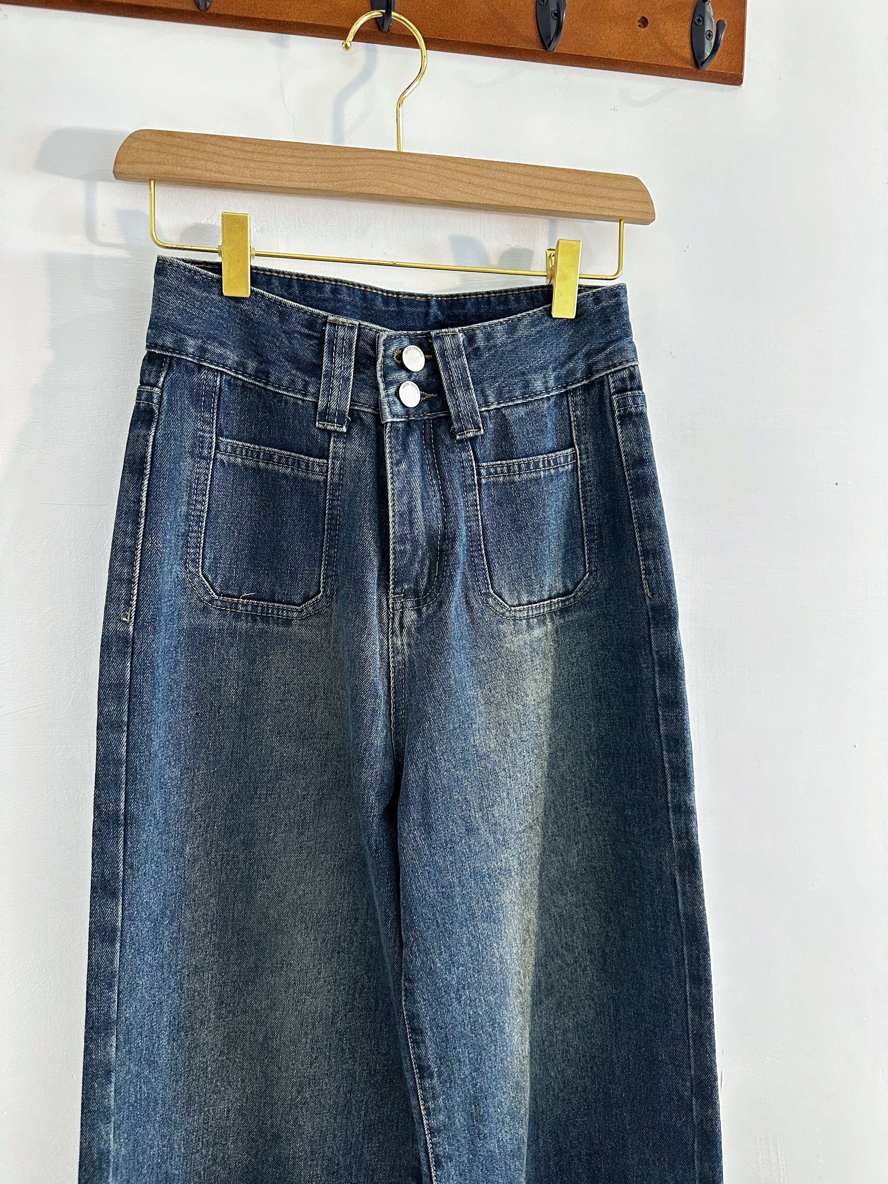 小個女孩也可以 復古藍刷色直筒寬褲  AW11