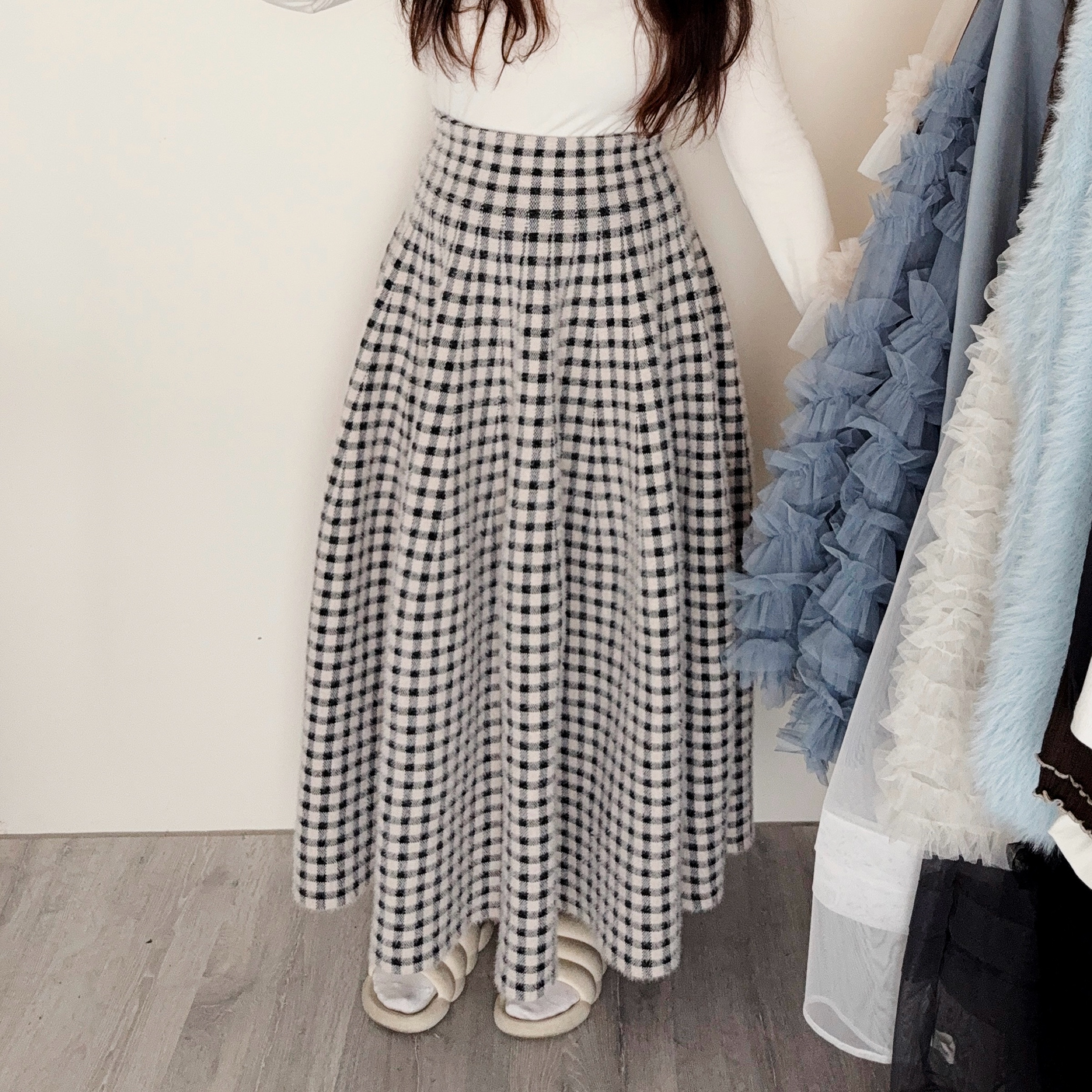 自留款！份量感毛呢格紋半身裙