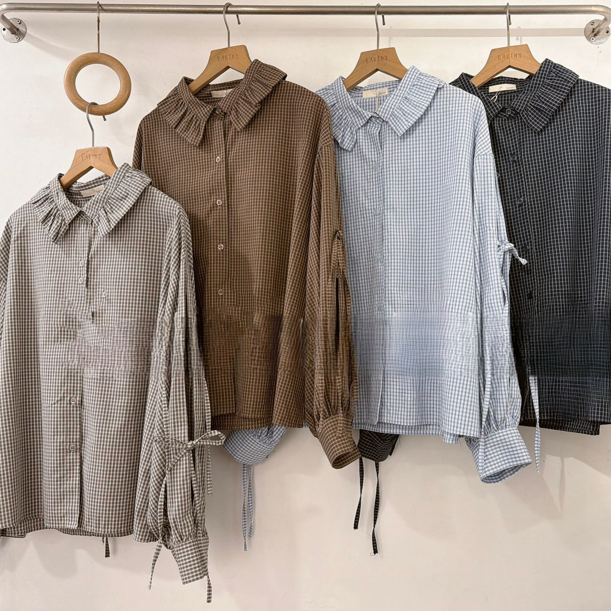 格子側綁帶蝴蝶結襯衫（共四色）