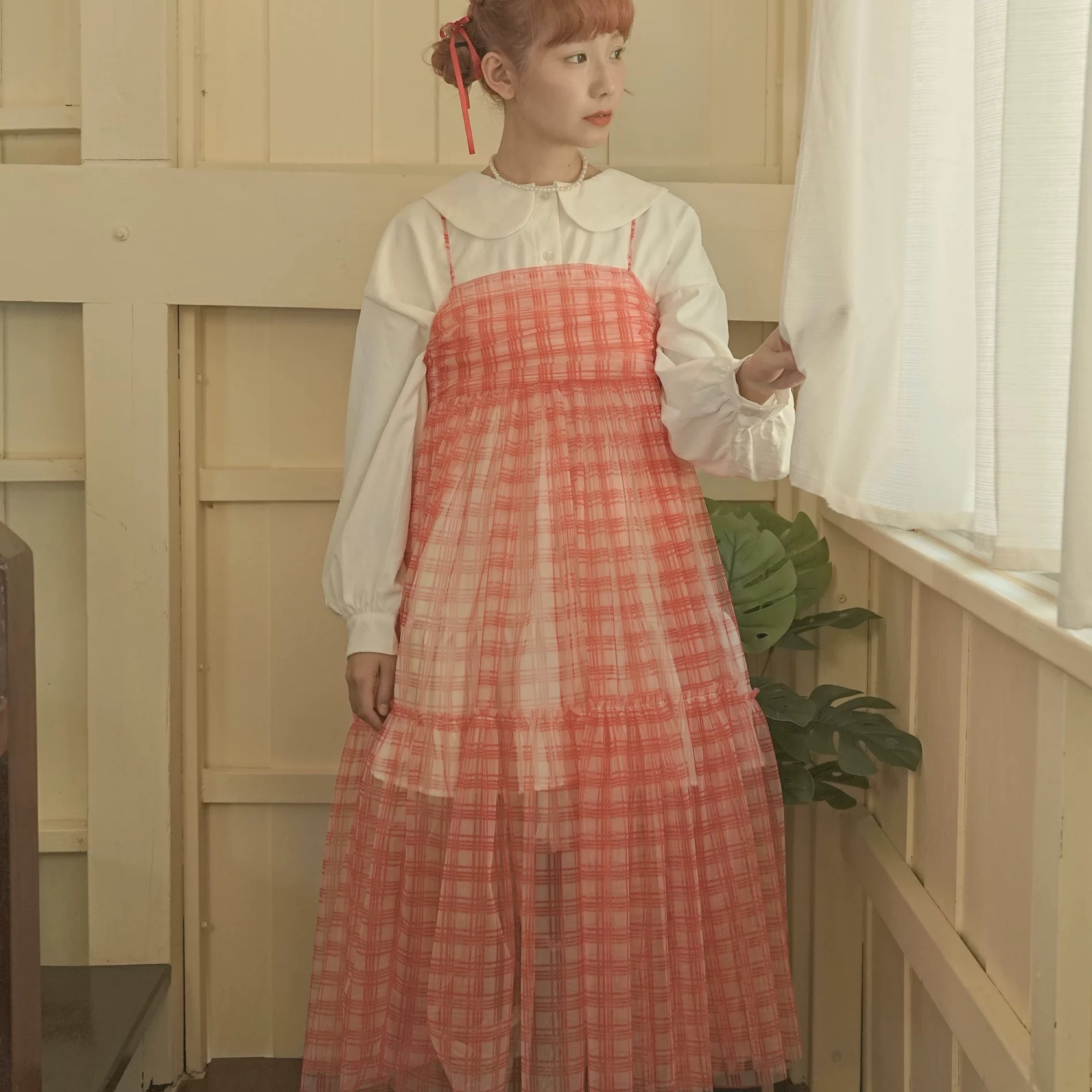 野餐紅色格子吊帶紗裙❤️