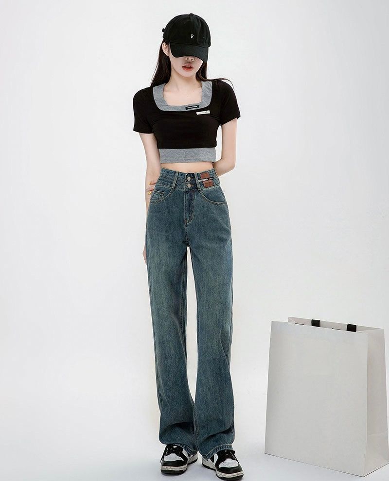 美式復古高腰直筒牛仔寬褲