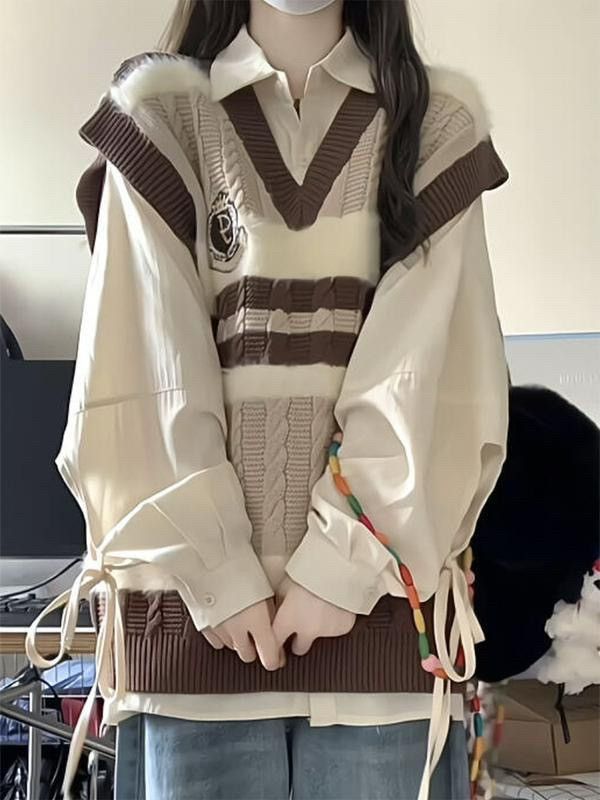 兩件套學院風卡其針織馬甲+杏色綁帶襯衫