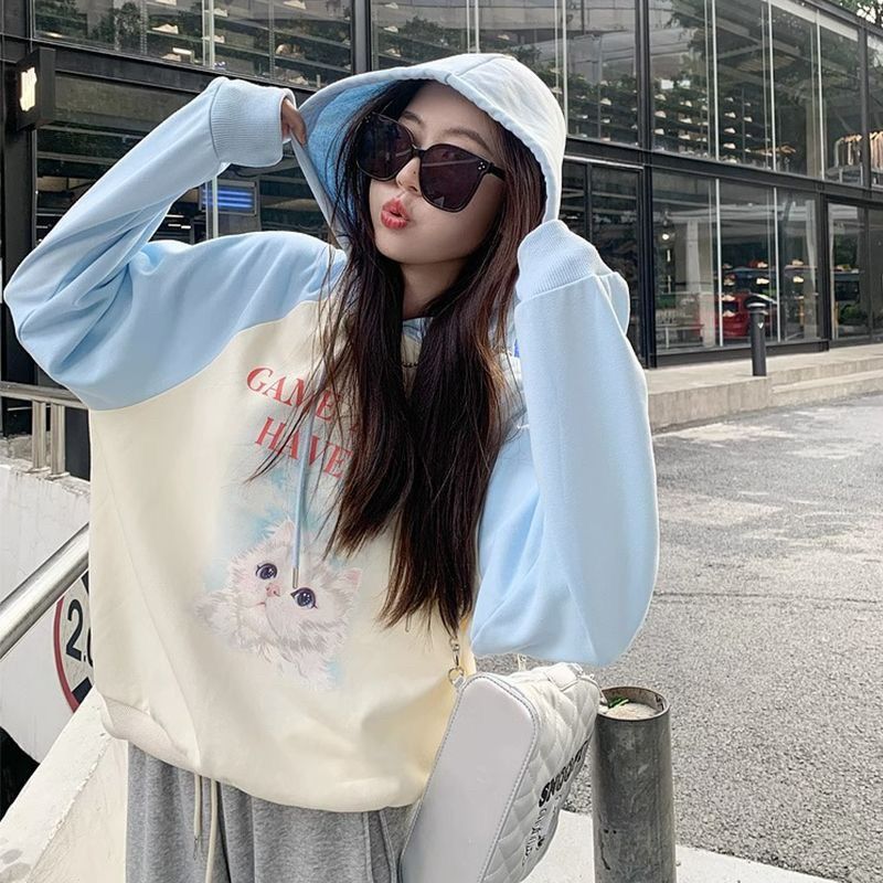 多巴胺藍拼白可愛貓咪帽T（有大尺碼❗️）