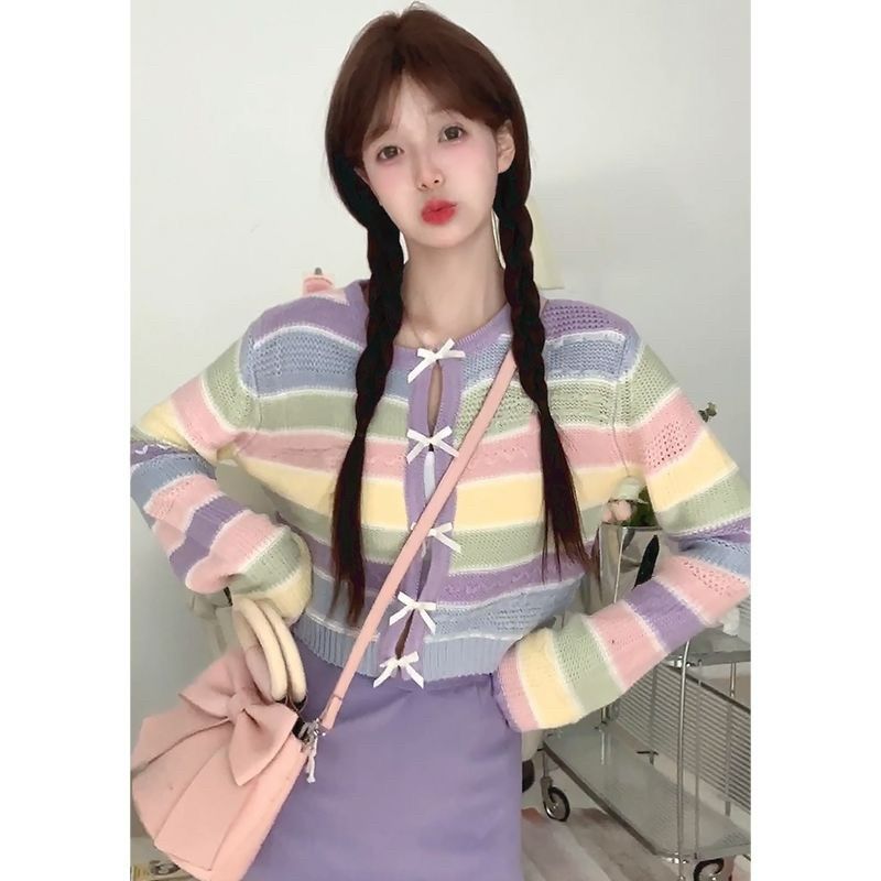 多巴胺彩虹條紋針織短版上衣