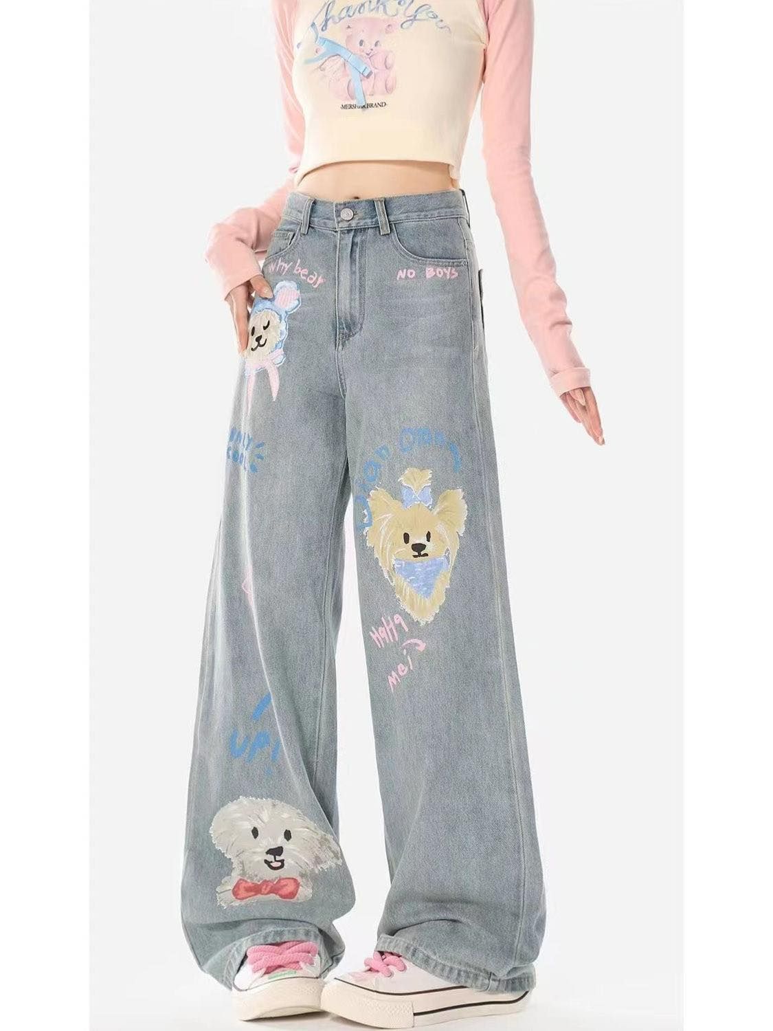 美式高腰闊腿牛仔褲