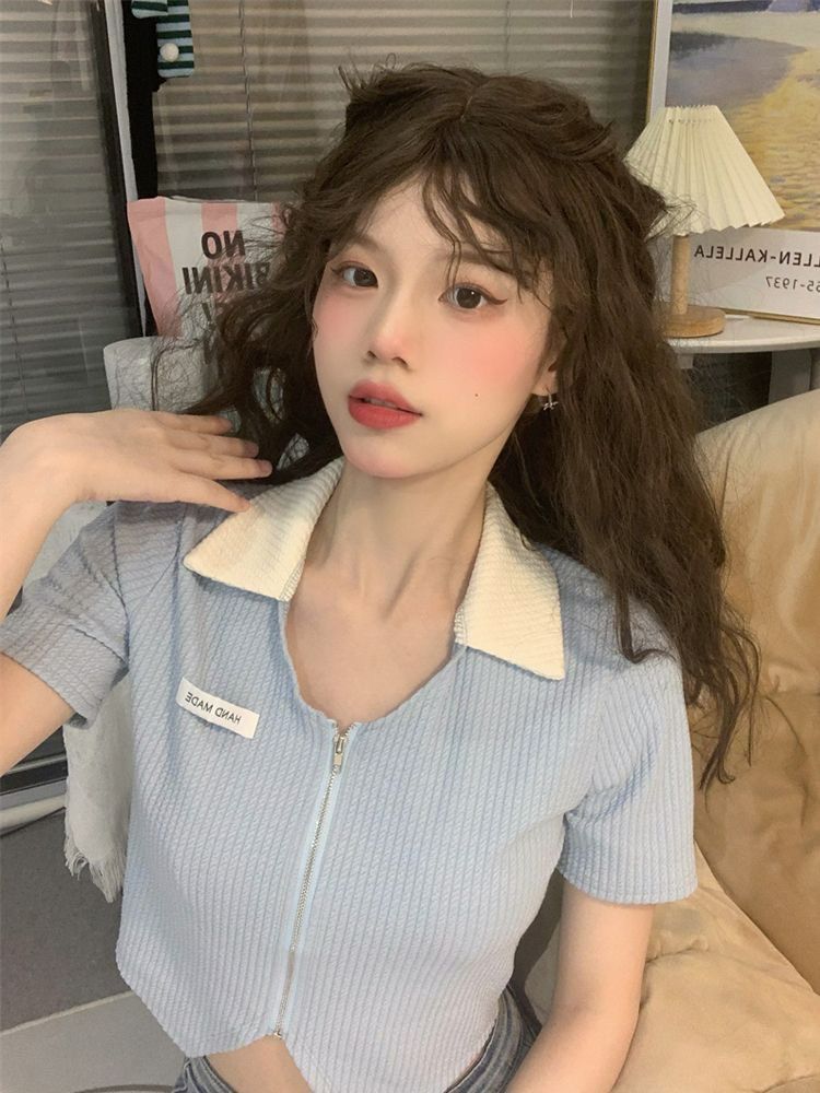 拼接拉鍊短板針織上衣