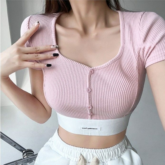 純欲風方領拼接短袖貼身上衣