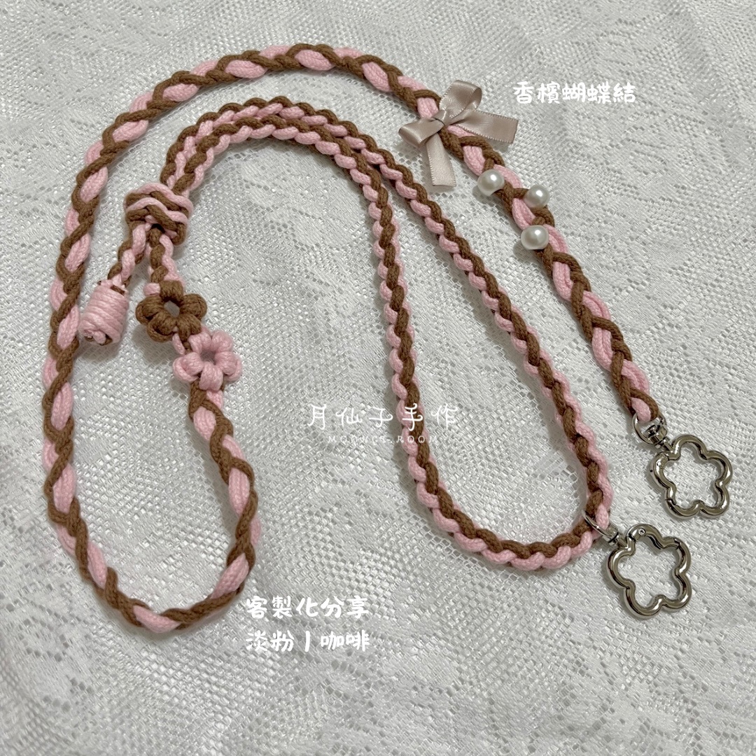 捲捲花蝴蝶結雙釦式手機掛繩