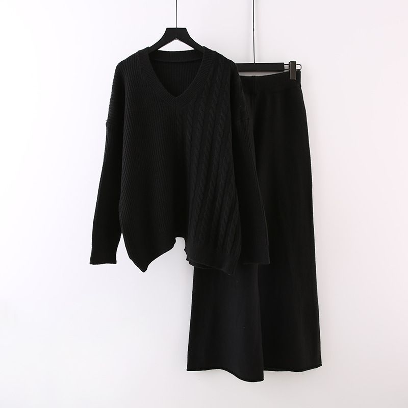 不規則時尚針織上衣及闊腿褲套裝