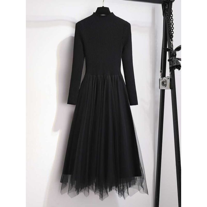 s.jc23112403 秋冬黑色針織網紗拼接洋裝