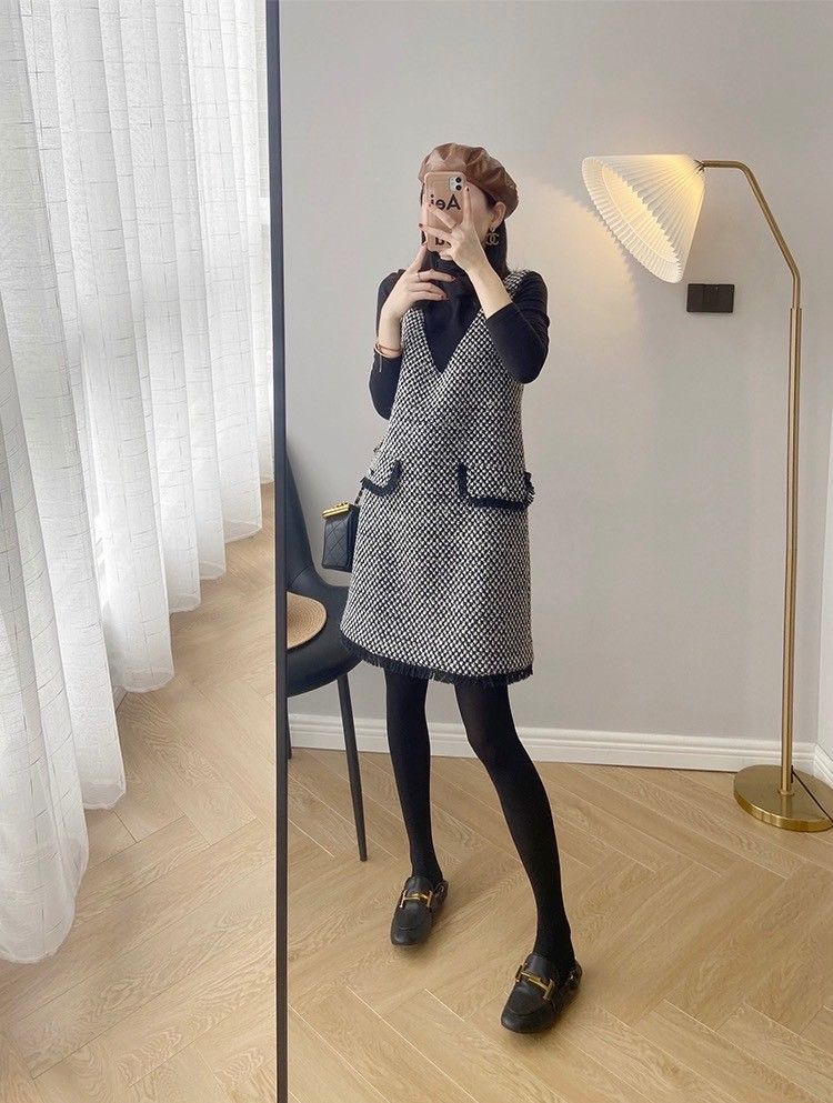 # s.jc24010810w 法式黑白粗花呢坎肩A字背心裙
