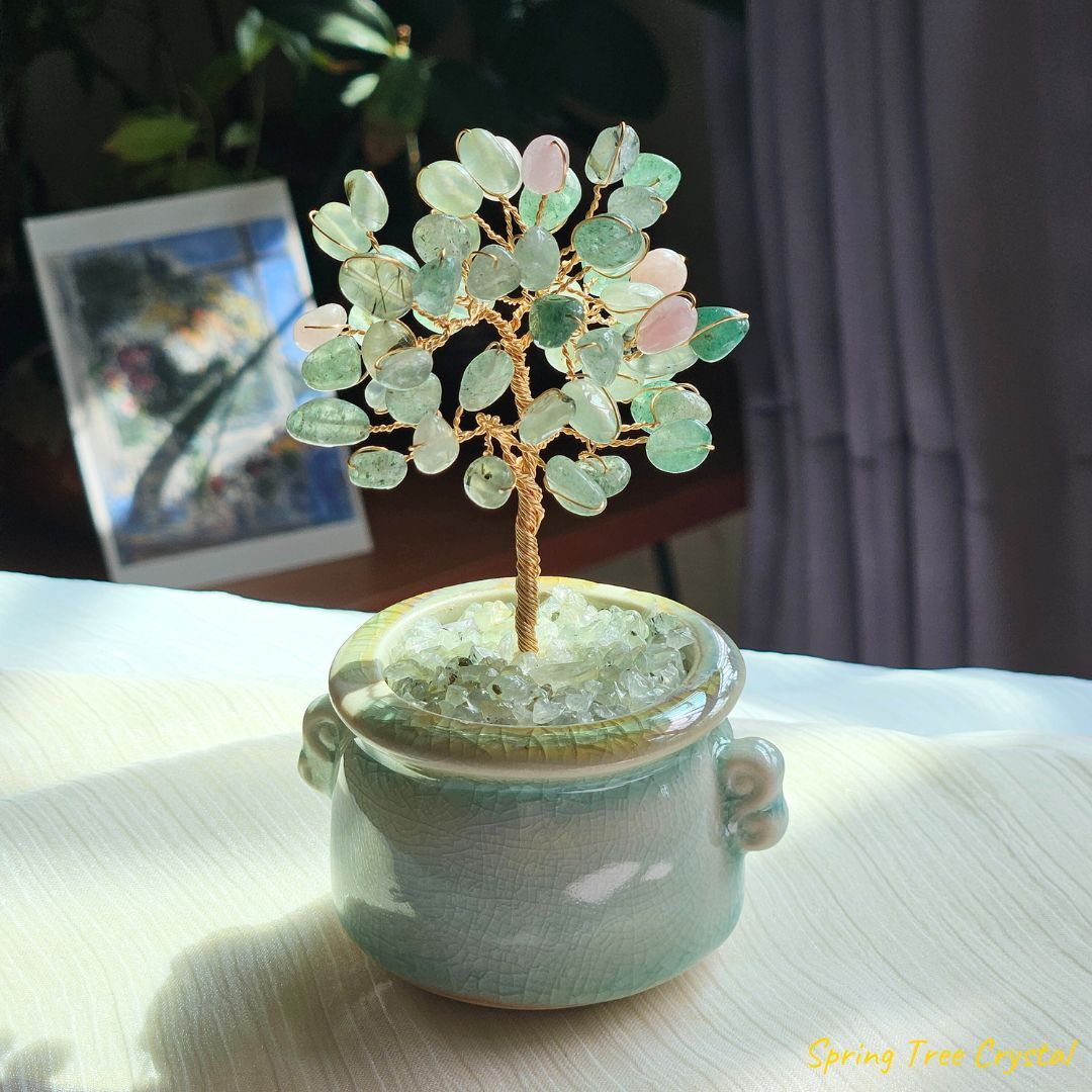 手作水晶寶石樹|粉晶+葡萄石+綠草莓