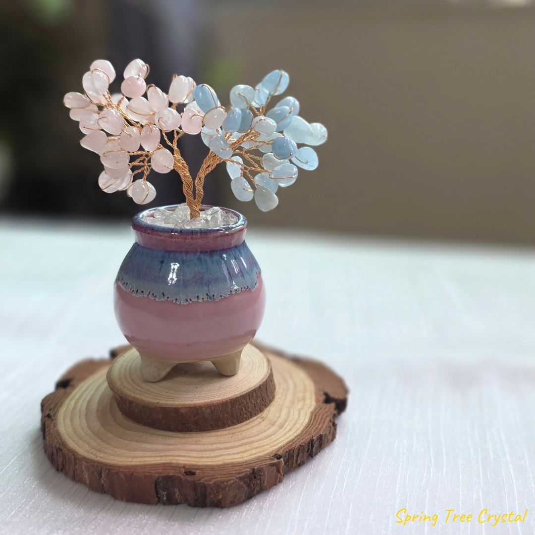 手作水晶寶石樹|粉晶|海藍寶