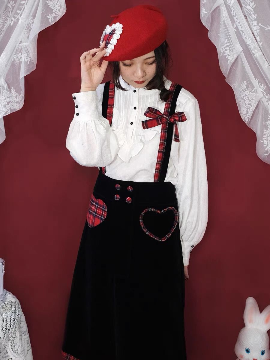 紅格紋黑絲絨背帶裙 蝴蝶結可拆卸