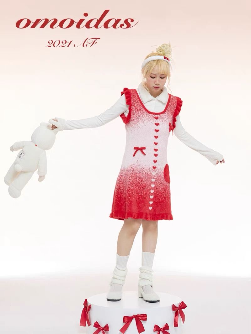軟糯紅白愛心仿貂絨毛衣背心裙
