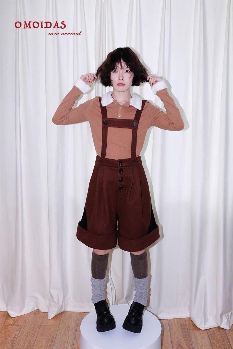 日系毛呢背帶褲