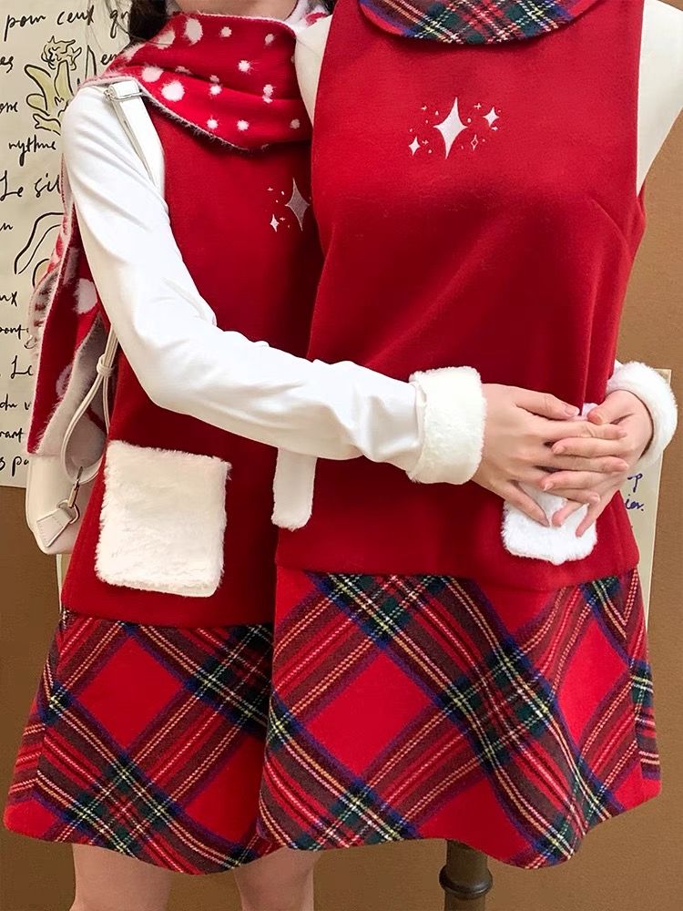 紅酒慕斯星星娃娃領毛呢背心裙