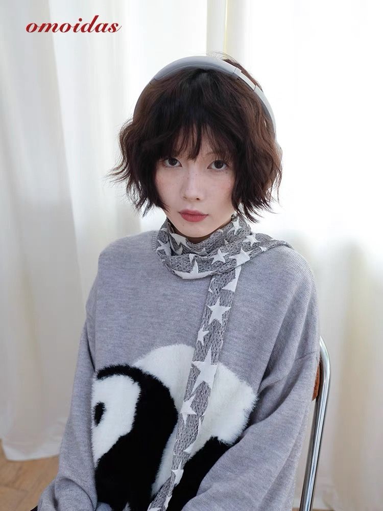 灰白星星可愛y2k細圍巾 四季可用