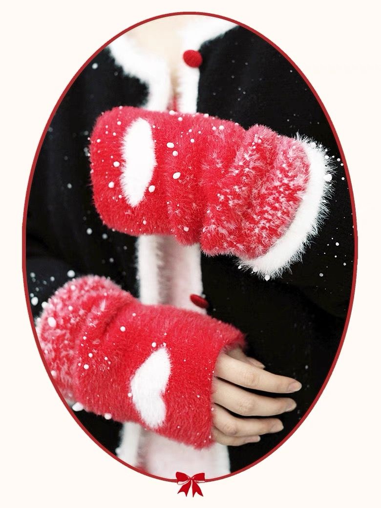 紅白愛心仿貂絨袖套腿套