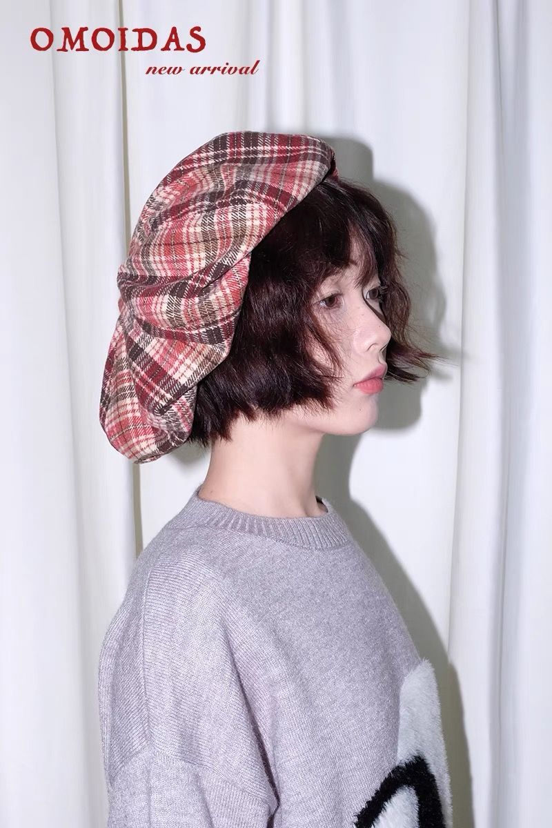 金絲英倫紅格紋毛呢貝雷帽大頭雲朵帽