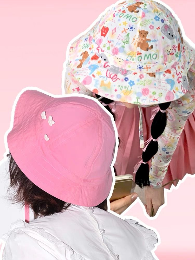 印花蝴蝶粉色漁夫帽 系帶可拆卸 最大58cm可調