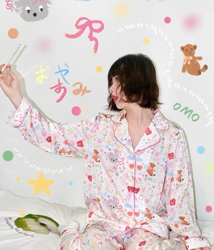 黑白印花冰絲緞睡衣 長袖短袖套裝 超絲滑四季可穿