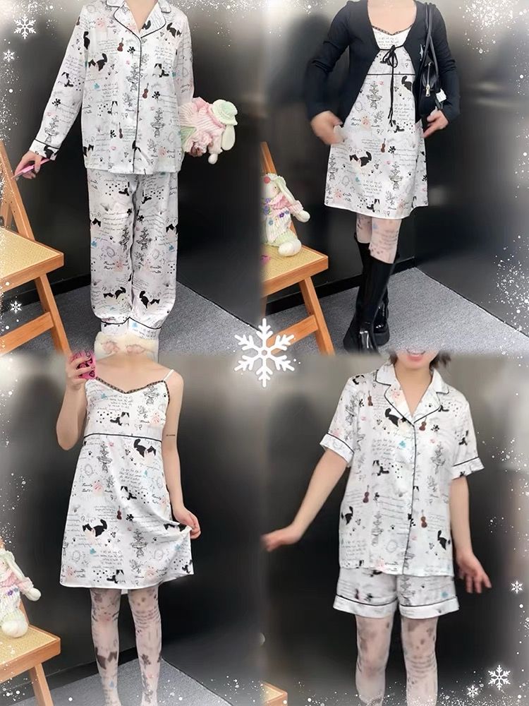 小貓緞面黑白睡衣 睡裙短/長袖四季可穿