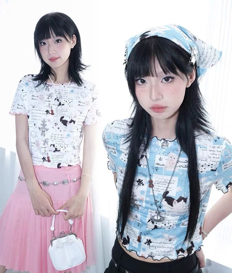 小貓藍白木耳邊彈力短袖T