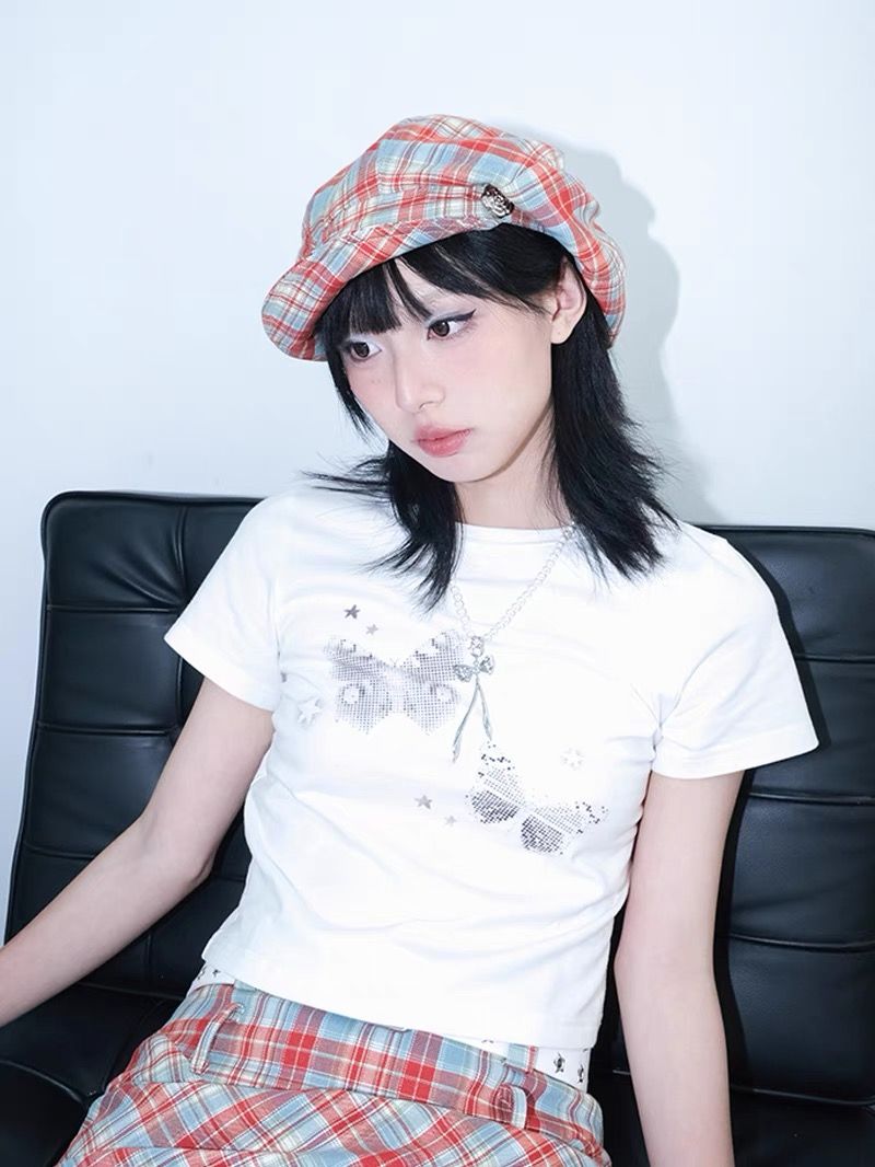 蝴蝶像素印花辣妹短袖T