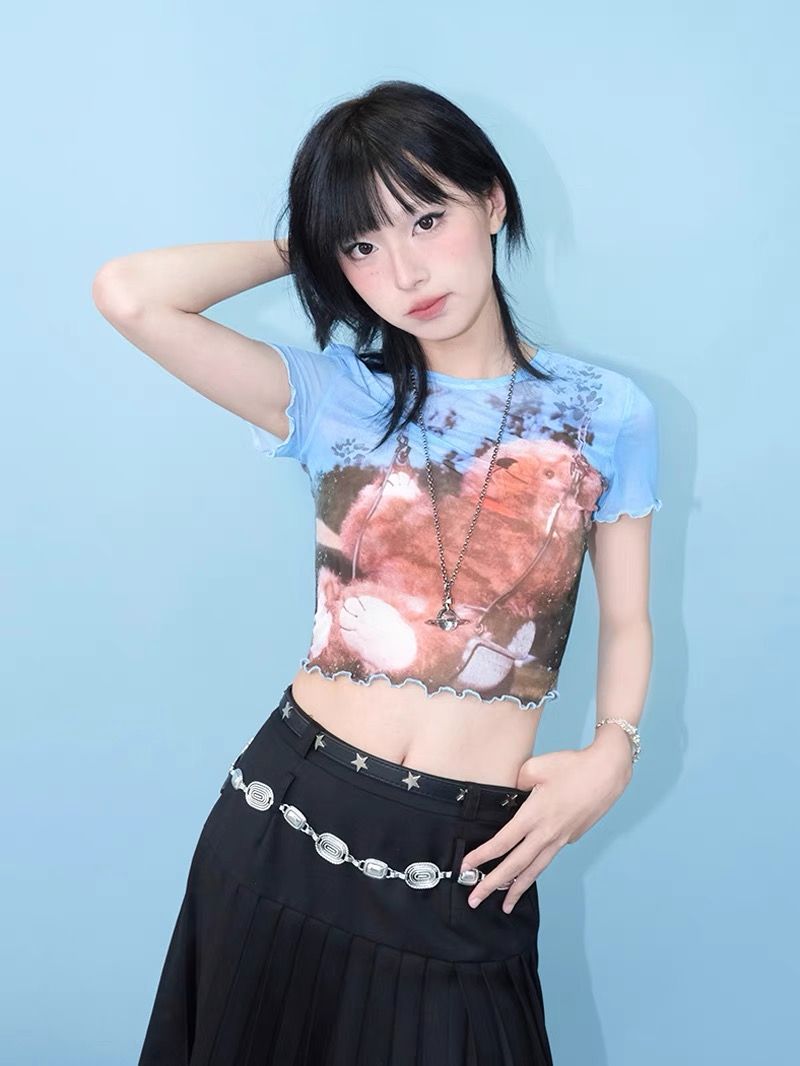 藍色小熊彈力網紗短袖 輕薄透氣