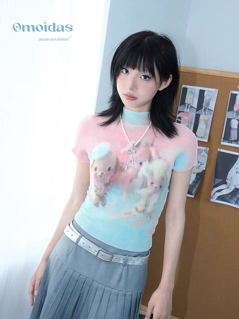 夢幻小羊粉藍褶皺短T