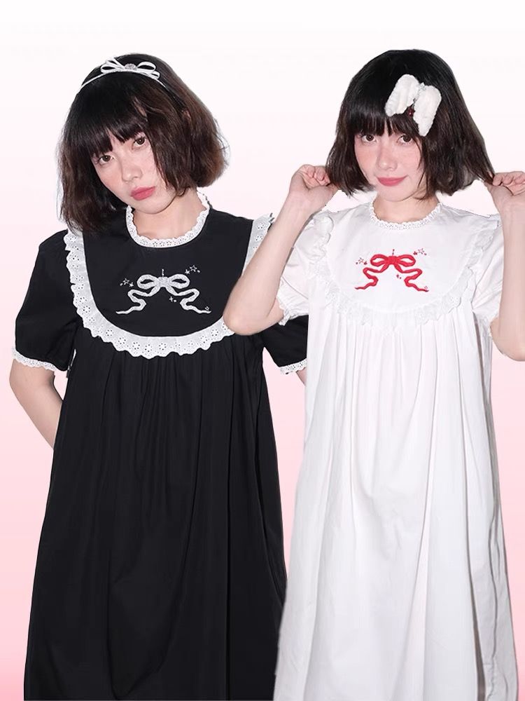 少女之夢精緻蝴蝶結刺繡娃娃花邊連衣裙